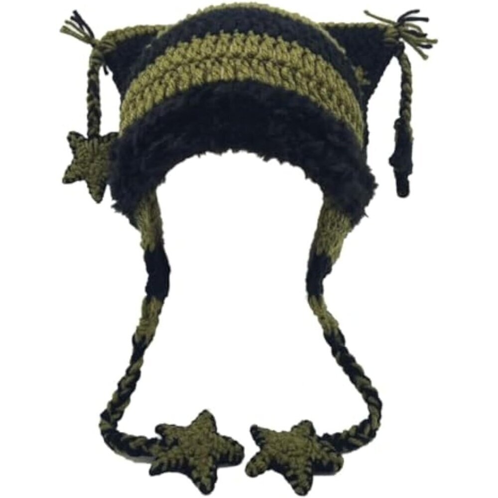 Women’s Knit Beanie with Cat Ears Stars Pattern Cozy Winter Hat Black Green